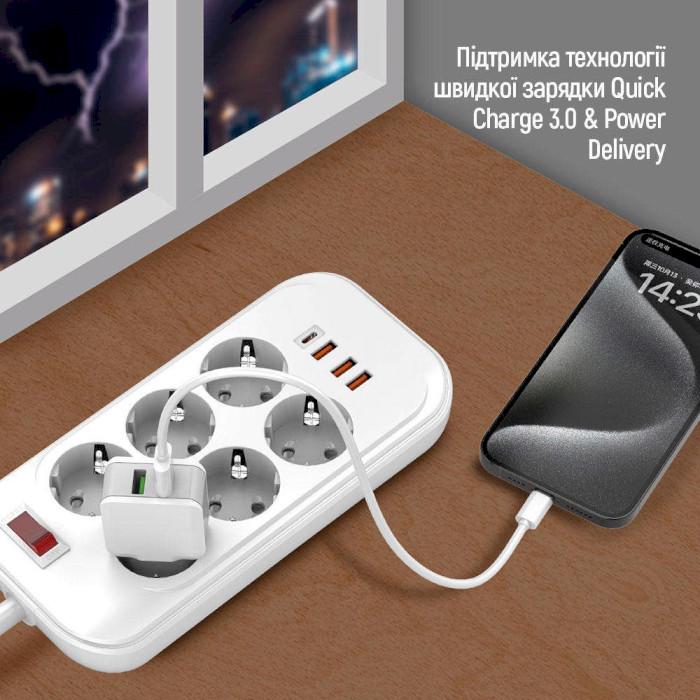 Сетевой фильтр ColorWay CW-CHE64PDW 6 розеток 1 USB-C PD 3 USB-A QC3.0 36W 2 м White (26075476) - фото 6