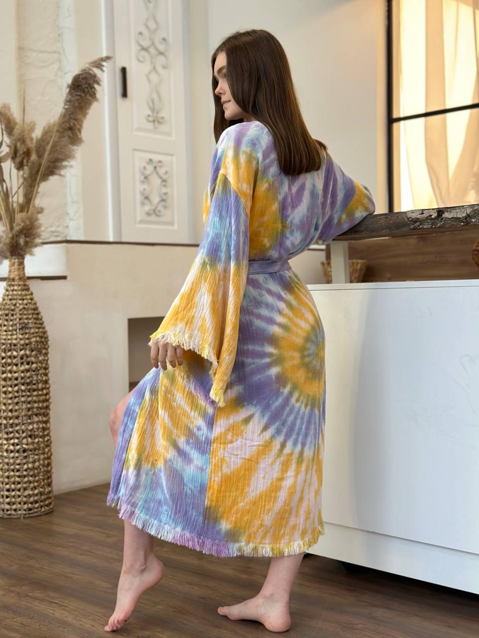 Халат-кимоно женский one size Желтый/Фиолетовый - фото 2