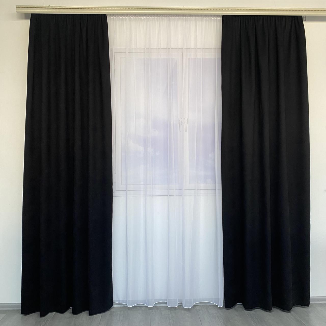 Шторы готовые однотонные для зала из микровелюра с тюлем на тесьме Черный