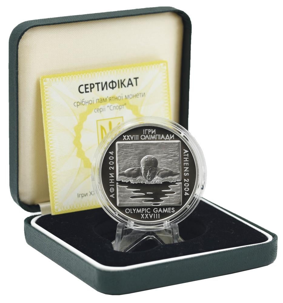 Колекційна монета Україна 10 гривень 2002 Срібло Proof Плавання XXVIII літні Олімпійські ігри в Афінах 2004