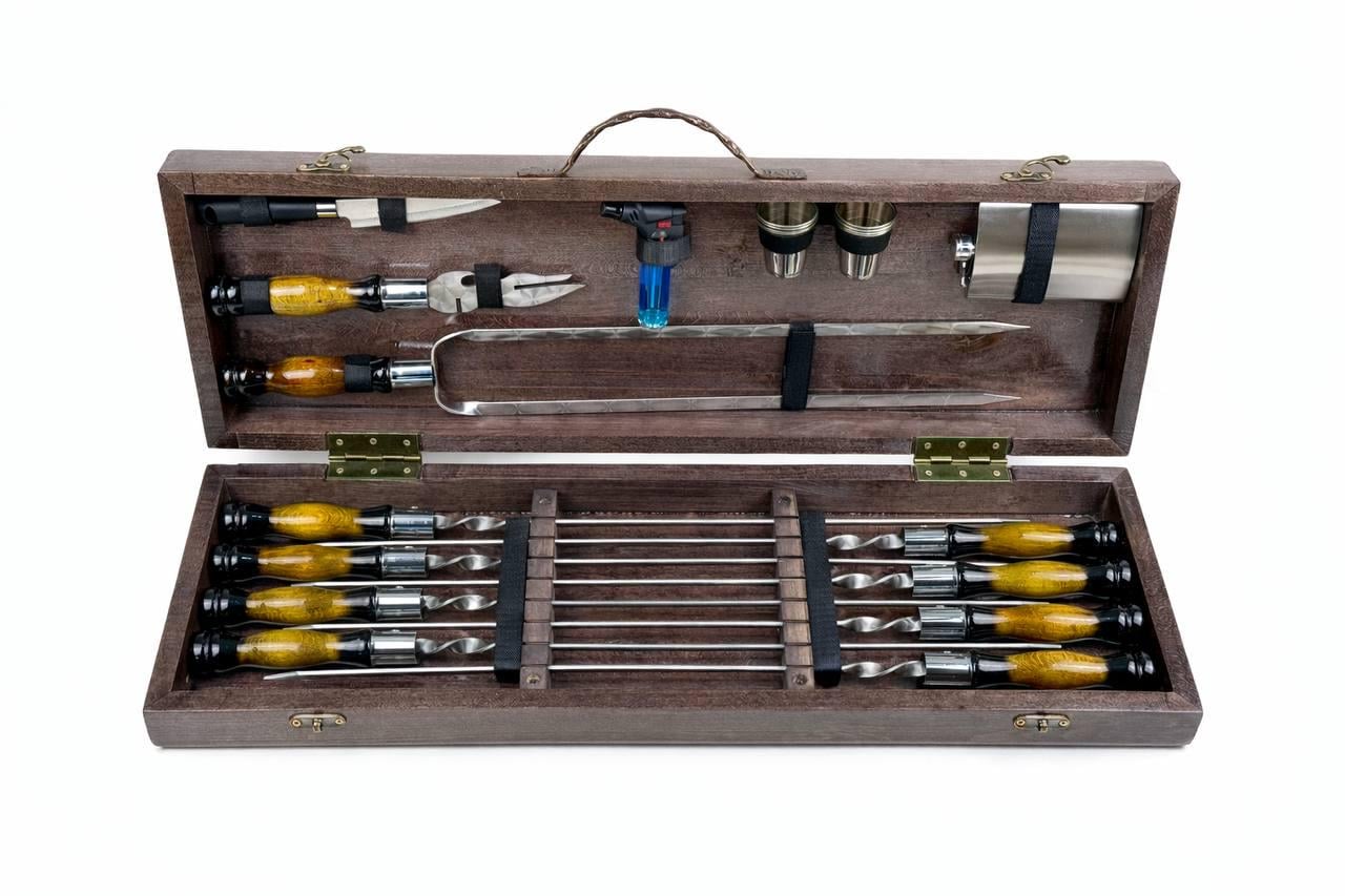 Набор шампуров Grill Master СКИФ на 19 предметов в кейсе из дерева Коричневый (168-10-KS-7608)