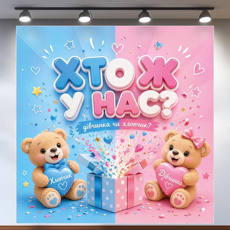 Плакат на Gender Reveal Party Кто же у нас с мишками и сюрпризом 120x120см, №48543
