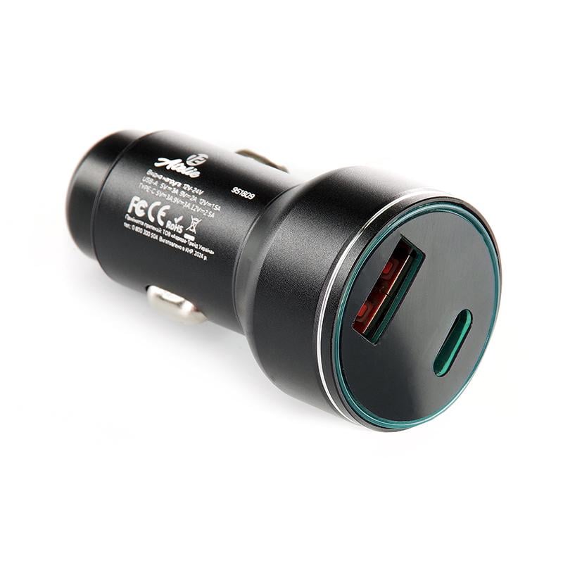 Зарядное устройство автомобильное 12 Atelie с подсветкой USB/Tipe-C 12/24V 5V 3A Черный (951809) Зарядное устройство автомобильное 12 Atelie с подсветкой USB/Tipe-C 12/24V 5V 3A Черный (951809)