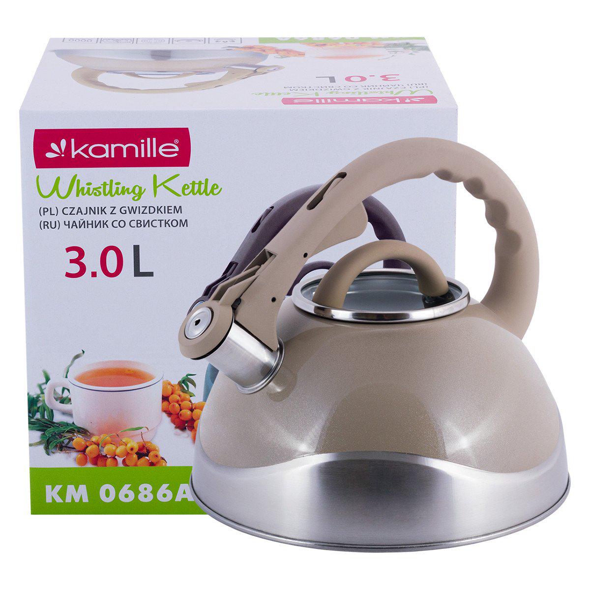 Чайник Kamille 3 л из нержавеющей стали со стеклянной крышкой БежевыйKM-0686ABZ