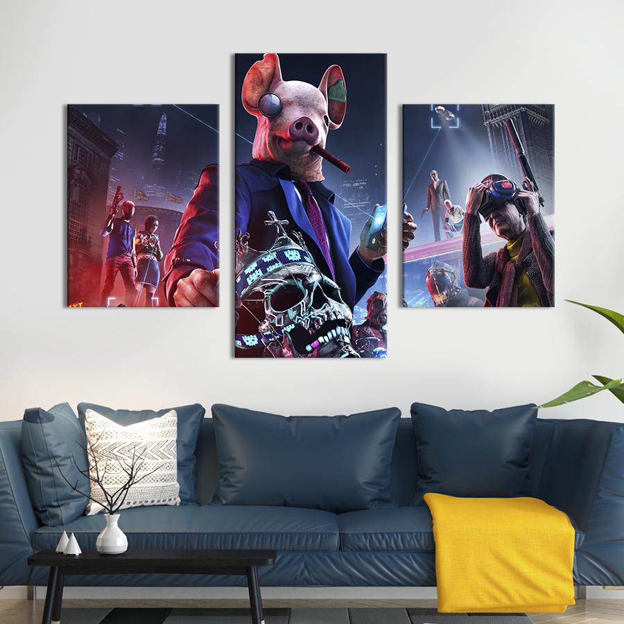 Картина на холсте триптих Персонажи игры Watch Dogs: Legion 141x90 см (1527-32)