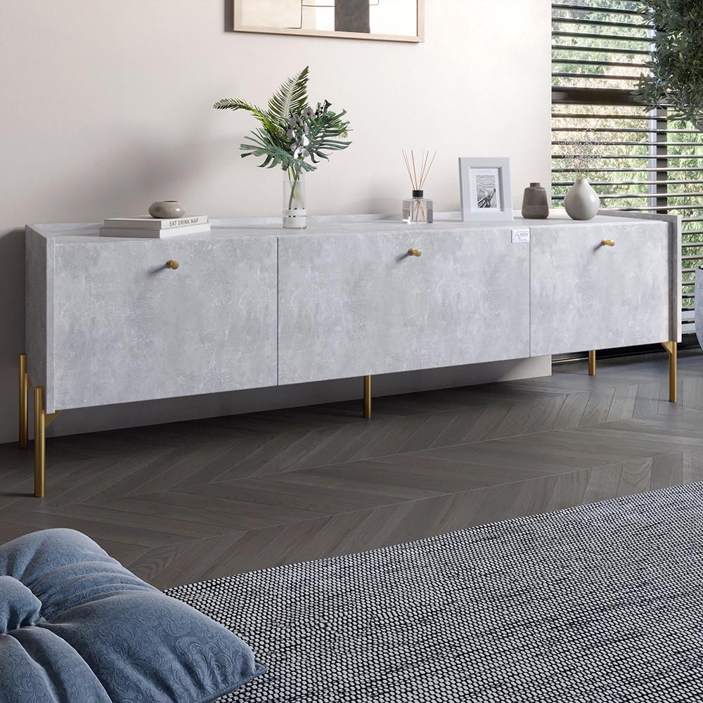 Тумба под телевизор на 3 ящика Lion Wood с золотыми ножками 160х65х40 см. Бетон style (Lion-042988)