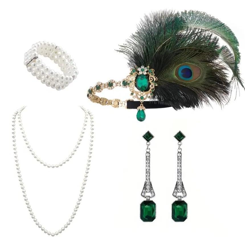Набір прикрас у стилі Great Gatsby пов’язка з павиним пір’ям/перли/сережки Зелений (2762726149)