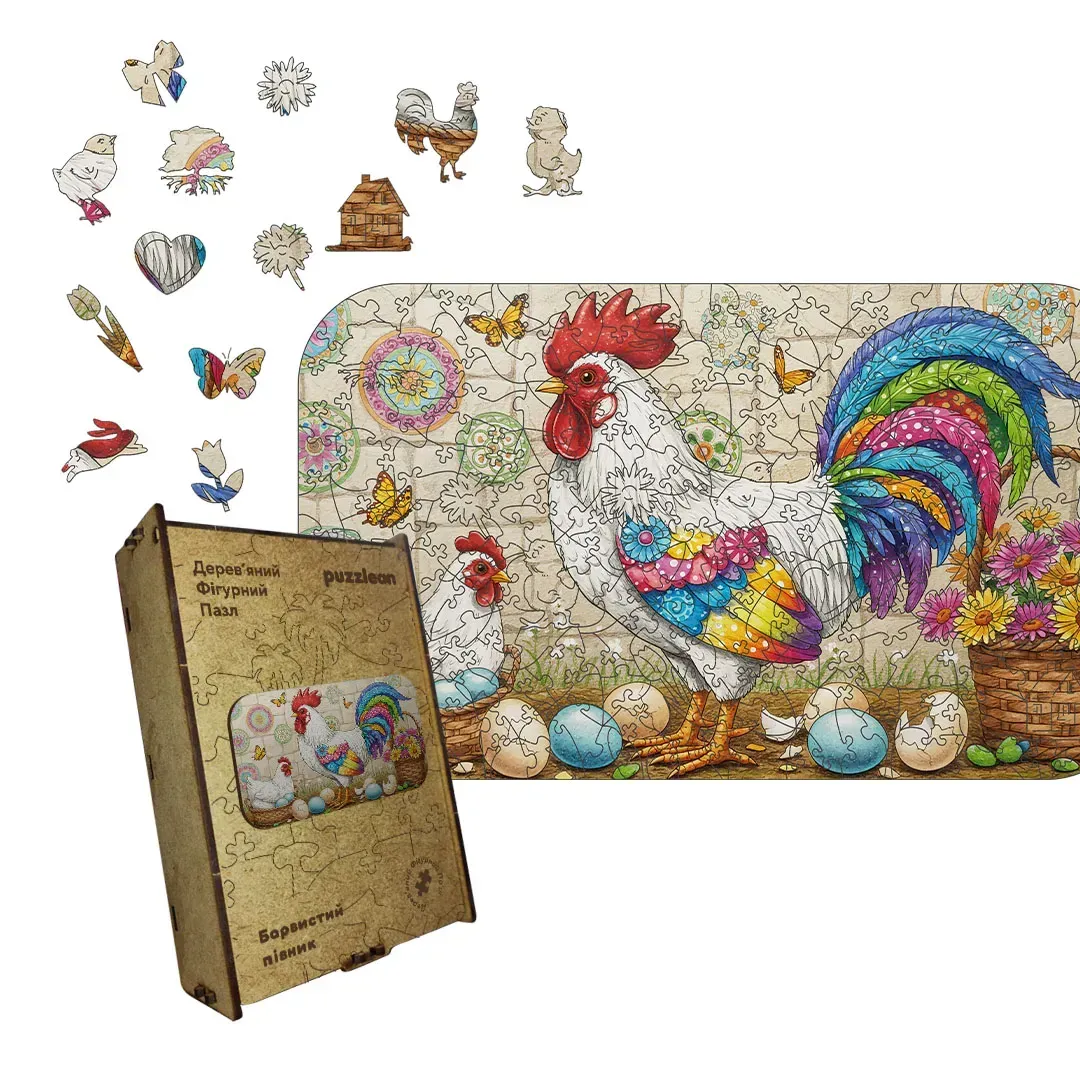 Пазл дерев'яний Барвистий Півник А4 дерев'яна коробка 100 ел. (puzzlean-2019-DER-А4)