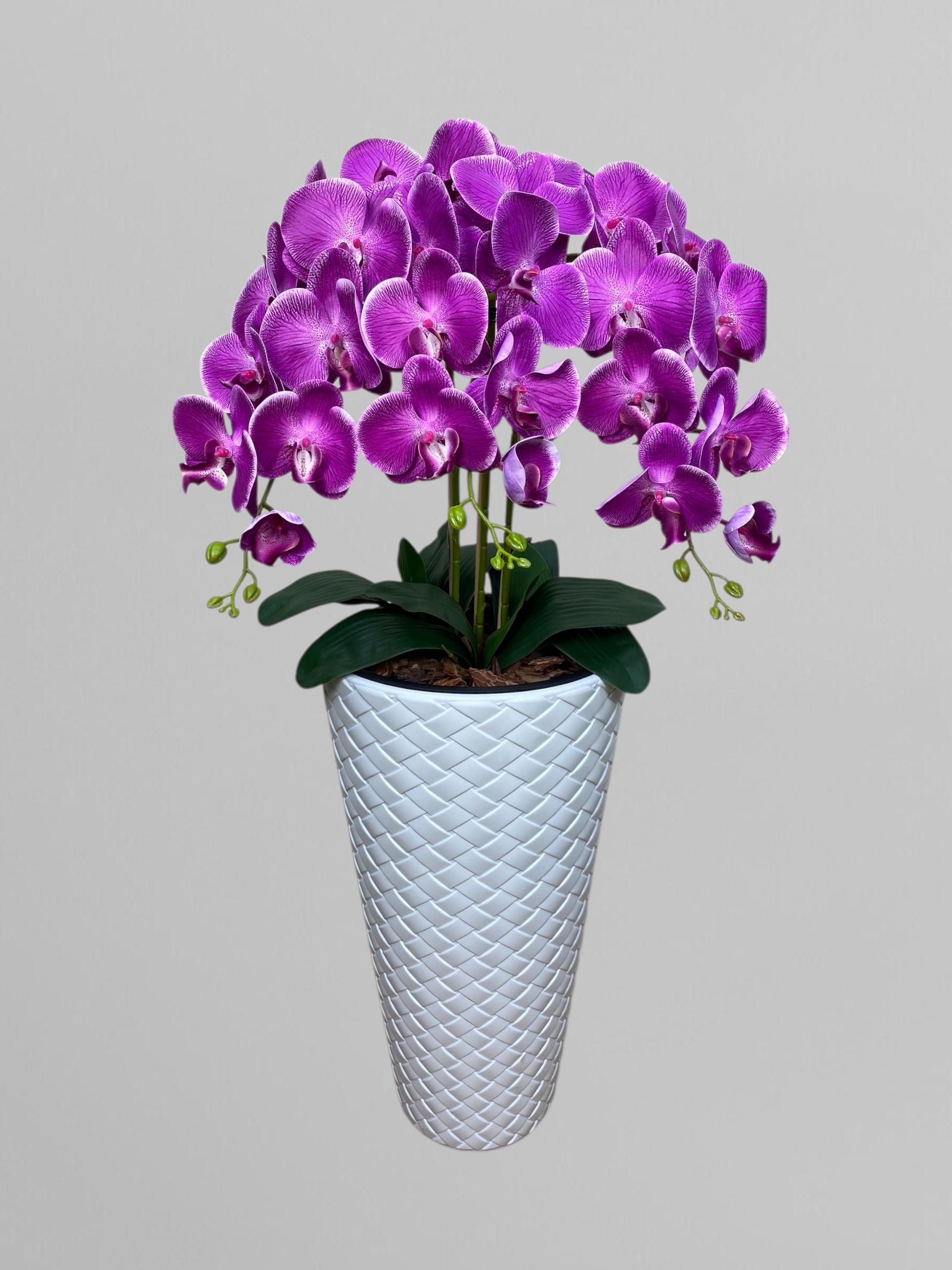 Композиция напольная из латексных орхидей на 3 веточки в пластиковом кашпо 115 см Ярко-сиреневый (А217)