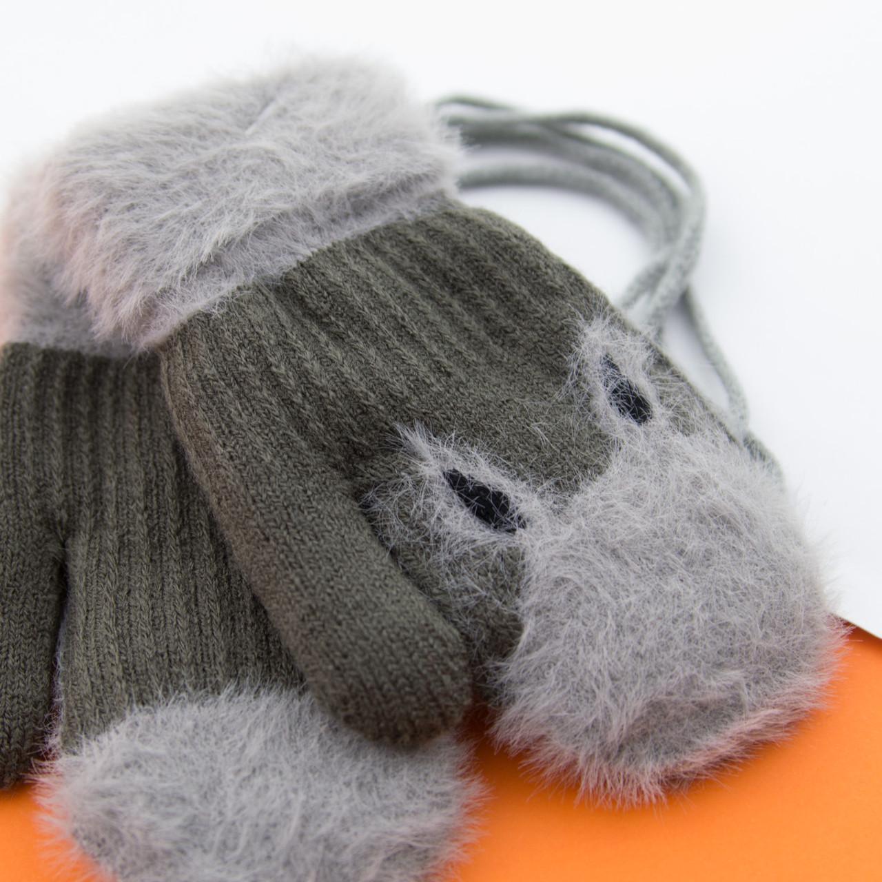 Варежки для малышей зимние с мехом на 1-2 года на веревочке Зайчики 22-7-35 Серо-коричневый (DR009885)