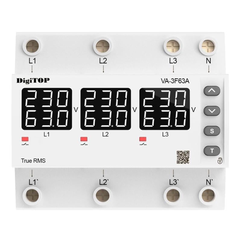 Реле напряжения с контролем тока Digitop VA-3F63A M6W на din рейку