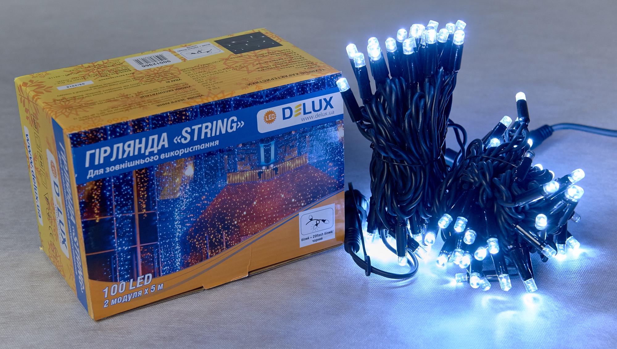 Гірлянда зовнішня Delux String 100 LED IP44 EN нитка 20 flash 2x5 м Білий/Чорний (13455348)