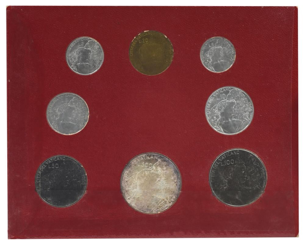 Коллекционные монеты Ватикан 8 шт. 1966 AU-UNC 1/2/5/10/20/50/100/500 серебряных лир (М22384)