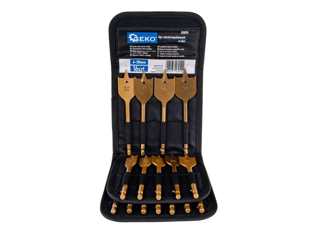 Набір свердл перових GeKo з хвостовиком для шуруповерта Hex E6.3 1/4 6-38 мм в кейсі 16 шт. (2376312065) Набір свердл перових GeKo з хвостовиком для шуруповерта Hex E6.3 1/4 6-38 мм в кейсі 16 шт. (2376312065)