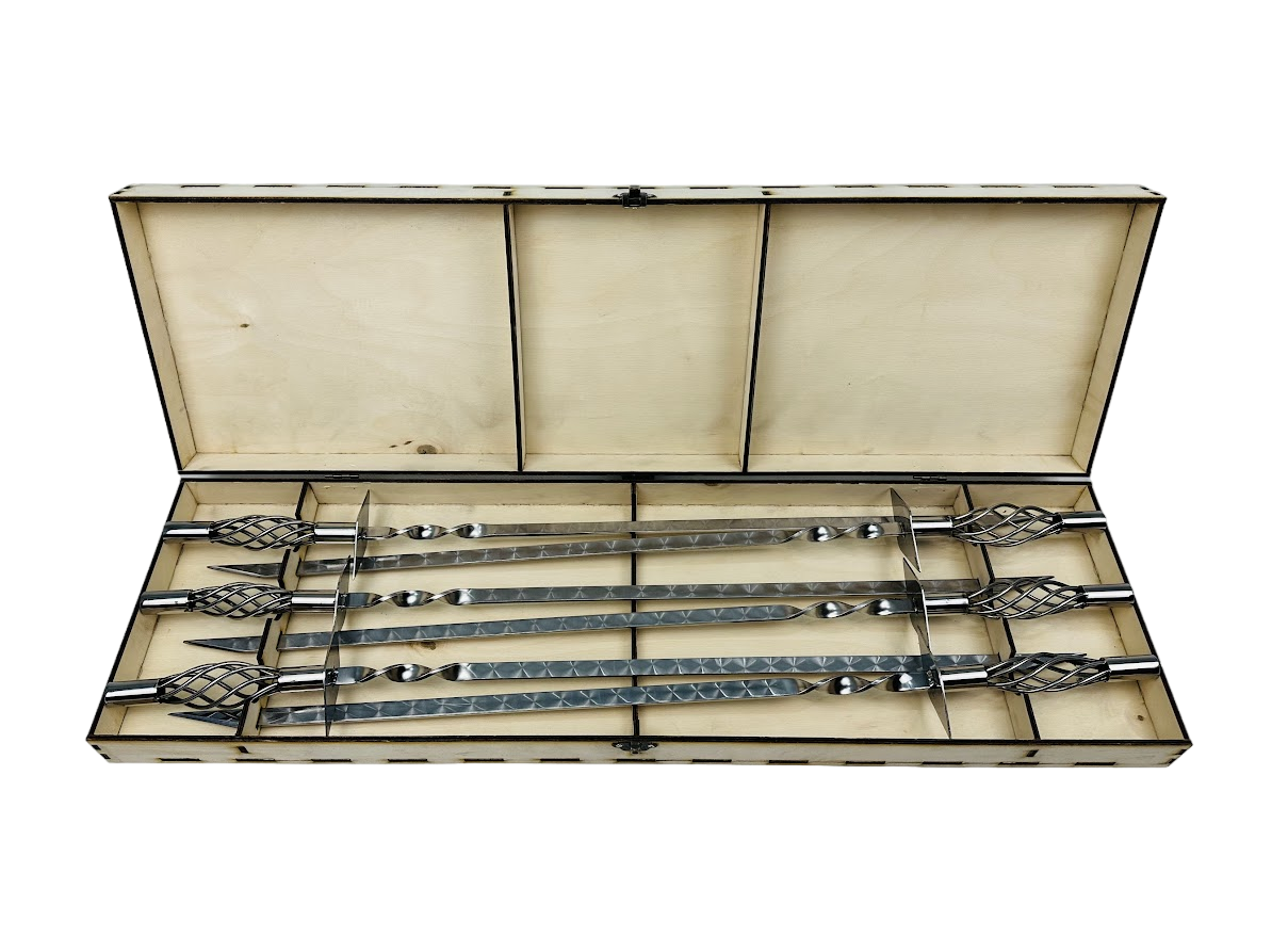 Набір шампурів Ексклюзив у кейсі із фанери Вуд 6 шт. з нержавіючої сталі (2-10-NB-3009)