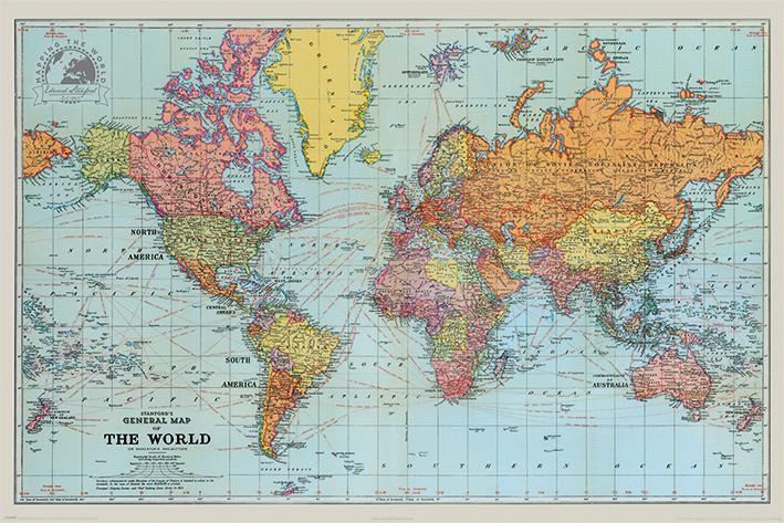 Постер плакат Stanfords General Map Of The World Colour 61x91,5 см