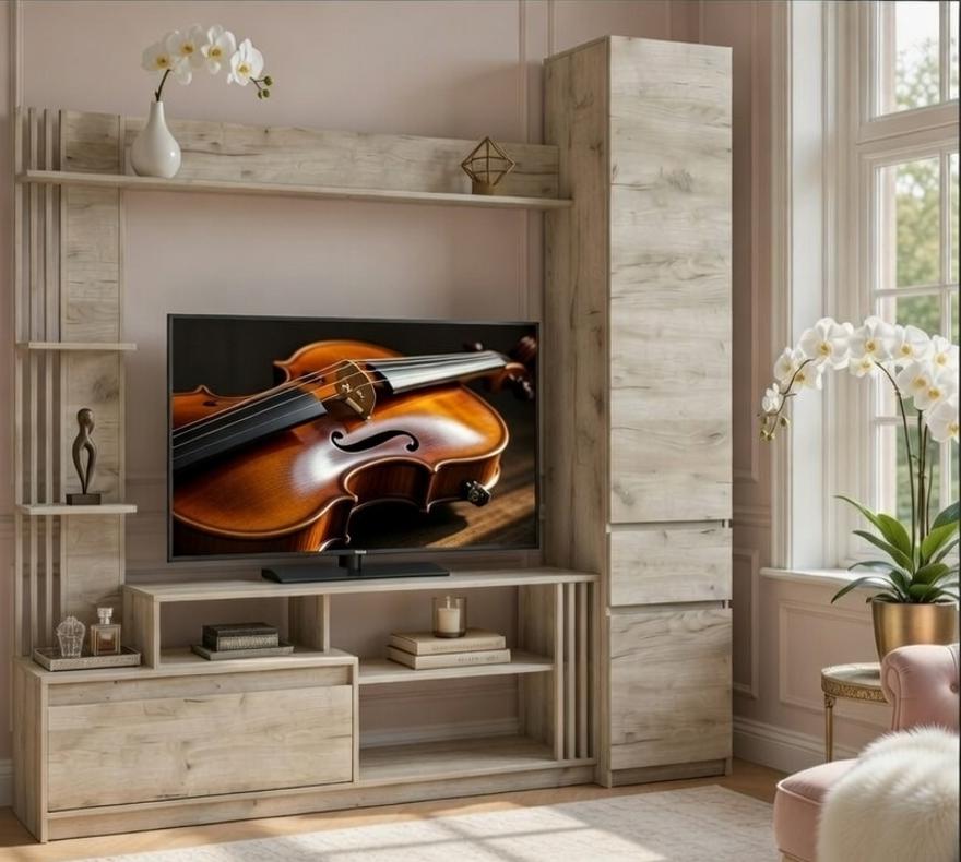 Стенка для ТВ Мастер Форм Брайт ДСП в гостиную с пеналом правосторонняя 2100х520х2000 мм Дуб крафт серый (31046)