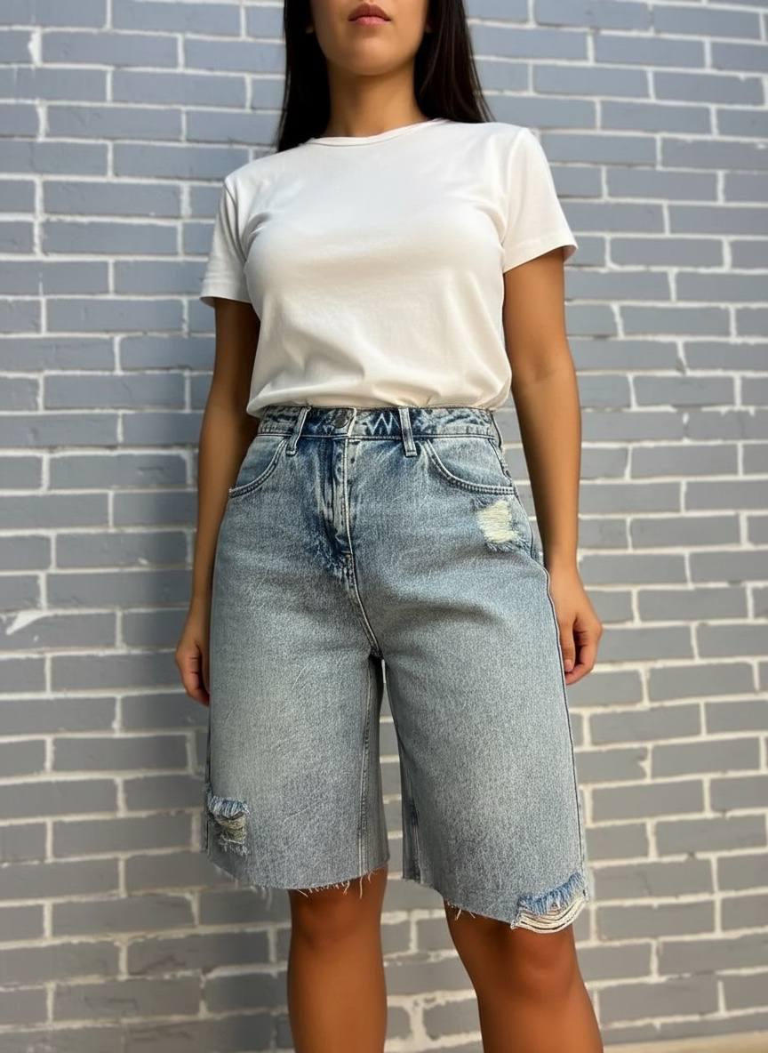 Шорты женские джинсовые Women Denim 2038-977 бермуды рваные длина до колен р. 38 Голубой (2440)