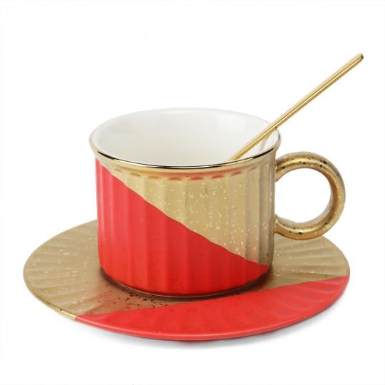Чашка керамическая Modern Геометрия с блюдцем и ложечкой 150 мл Красный
