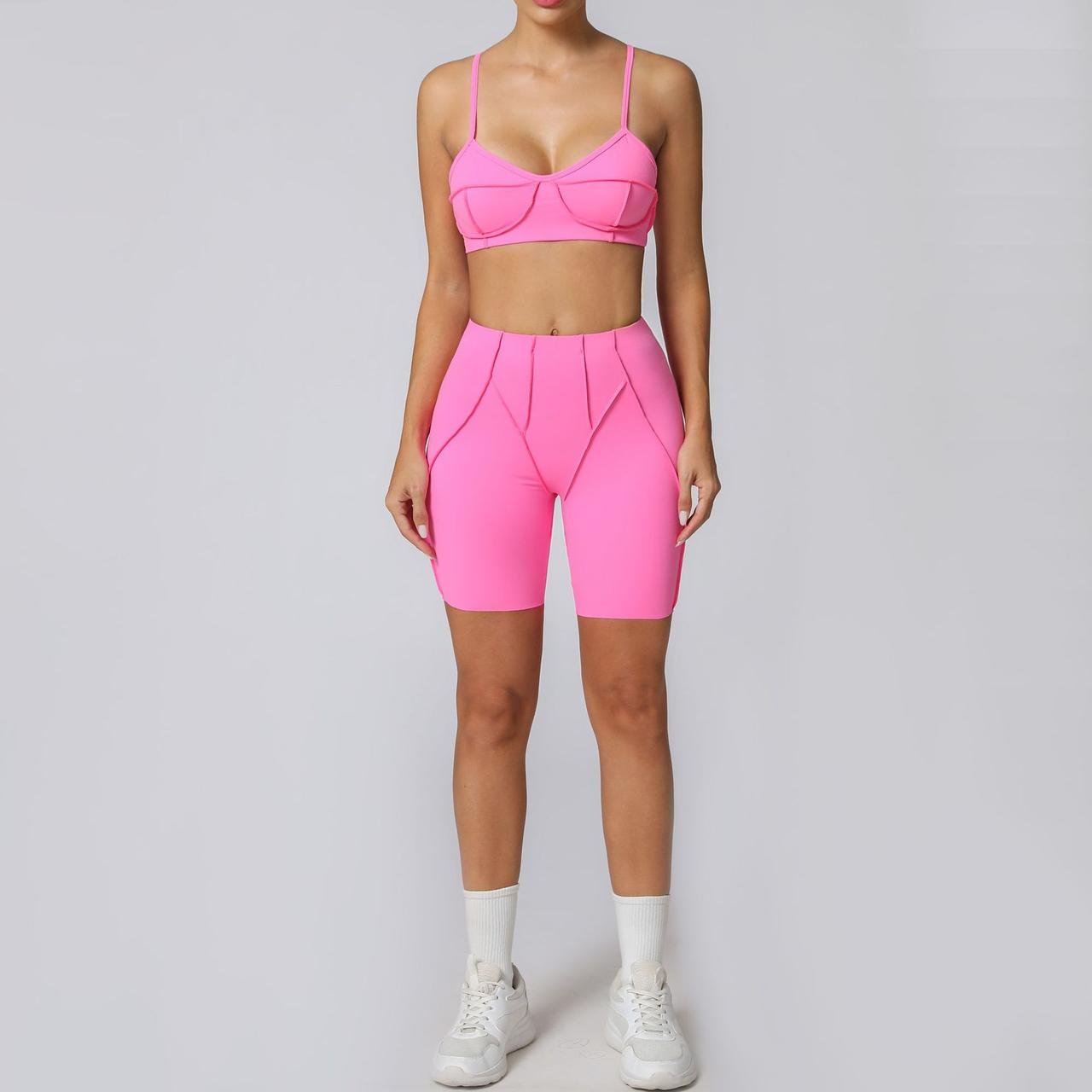 Спортивний костюм зі швами назовні/топ з чашками та велосипедки без пуш-ап L Рожевий (BH07L)