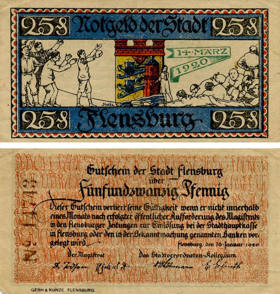 Коллекционная банкнота Германия Нотгельд 25 пфеннигов 1920 F-VF Фленсбург Разновидность 2 (Б18529)