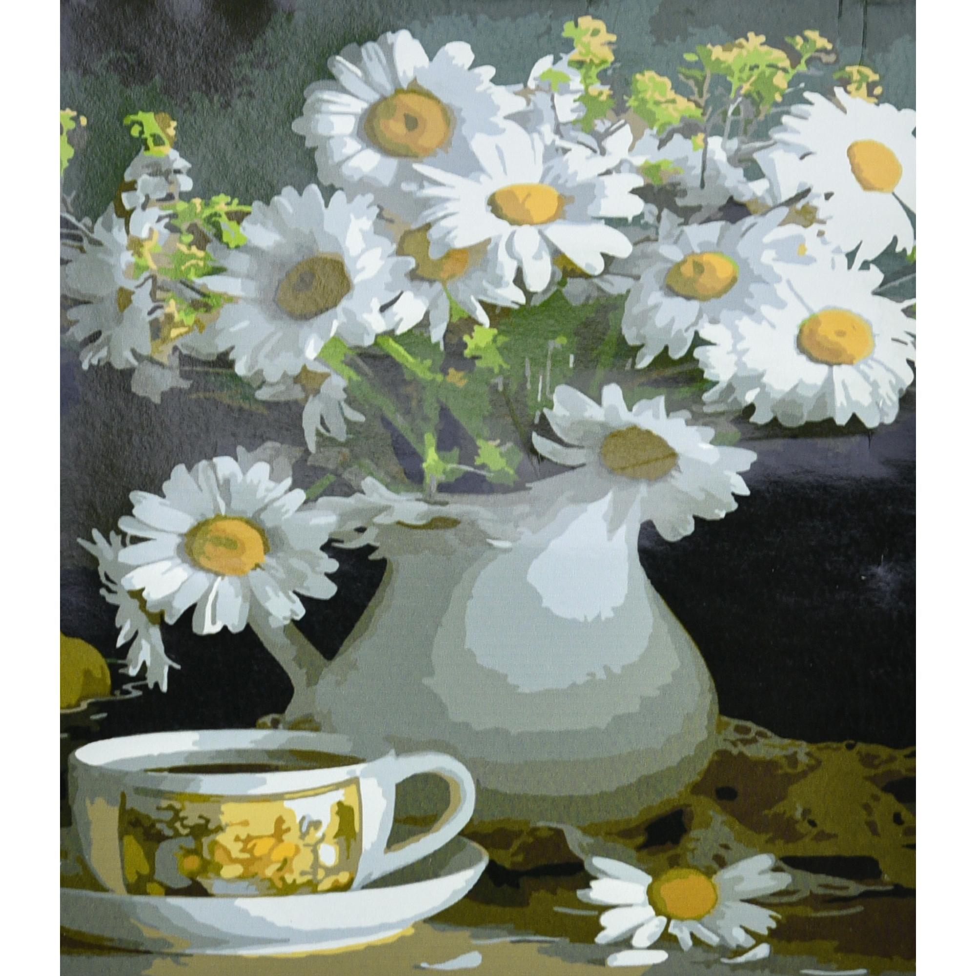 Картина по номерам Strateg Премиум Ромашки в вазе с лаком и уровнем 30x40 см (Str-SS6495)