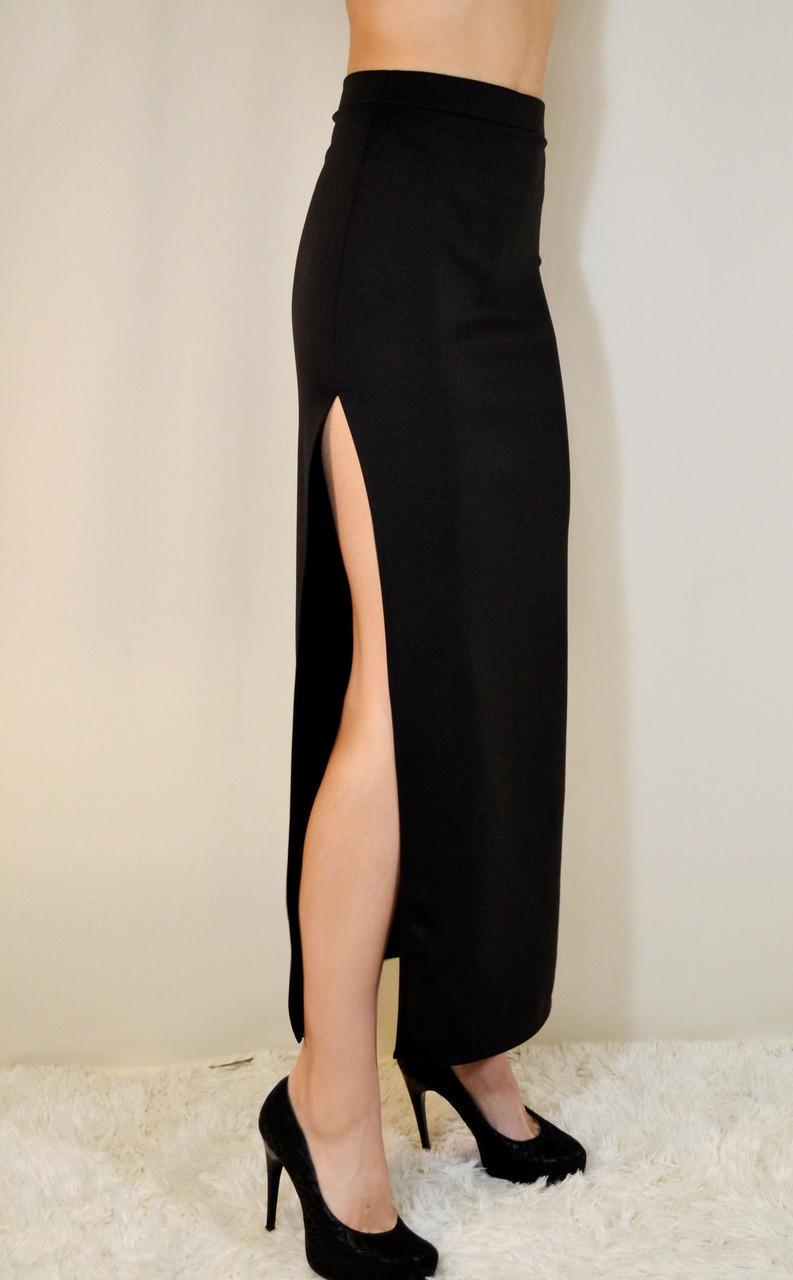 Женская юбка по щиколотку длинная трикотажная с разрезом справа по шву однотонная р. 38 Черный (1577347380) - фото 2