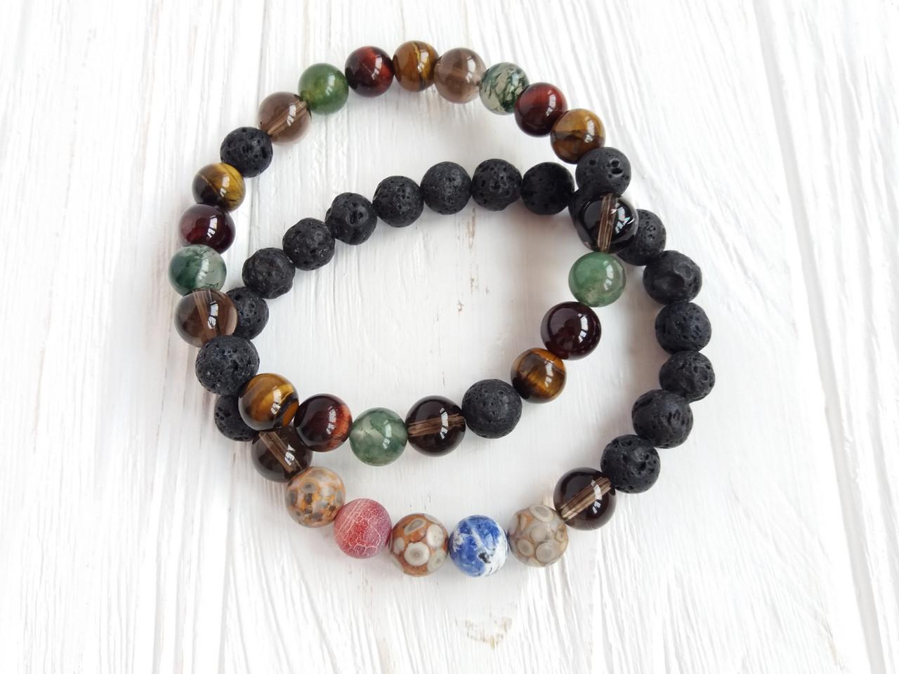 Набор браслетов Лава/Моховой агат/Тигровый глаз/Дымчатый кварц/Коралл d 8 мм (1226497467)