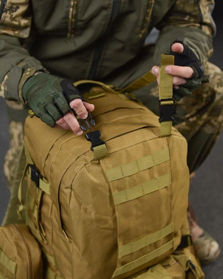 Рюкзак похідний/військовий з підсумками на 50 л 4в1 з системою Molle Койот (1004-coyote) - фото 7 Рюкзак похідний/військовий з підсумками на 50 л 4в1 з системою Molle Койот (1004-coyote) - фото 7