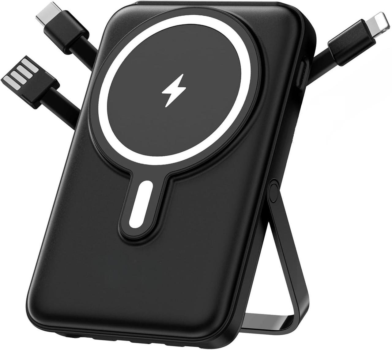 Повербанк магнитный беспроводной MagSafe Powerbank для iPhone со встроенными кабелями и подставкой 22,5W 10000 мАч