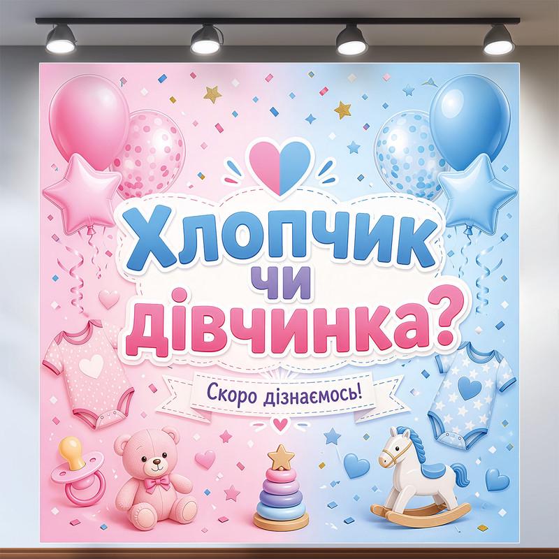 Баннер для праздника Мальчик или девочка Скоро узнаем с игрушками 160x160см, №48524