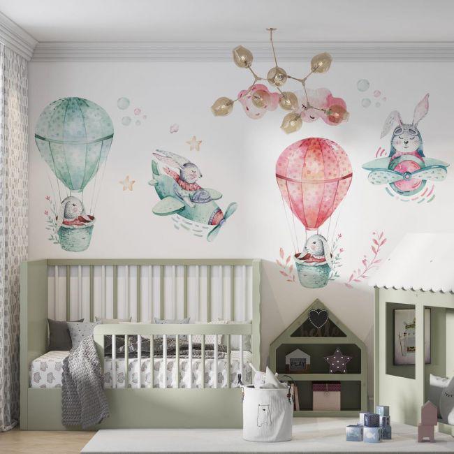 Стикеры детские на стену Sticker Wall SW-00001000 Зайцы на шарах 60х120 см 3 листа 180х120 см