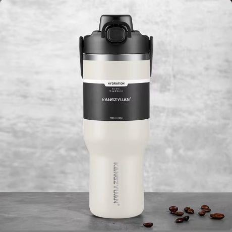 Термос из нержавеющей стали KANGZYUAN с трубочкой и ручкой 1000 мл Белый (2456000340)
