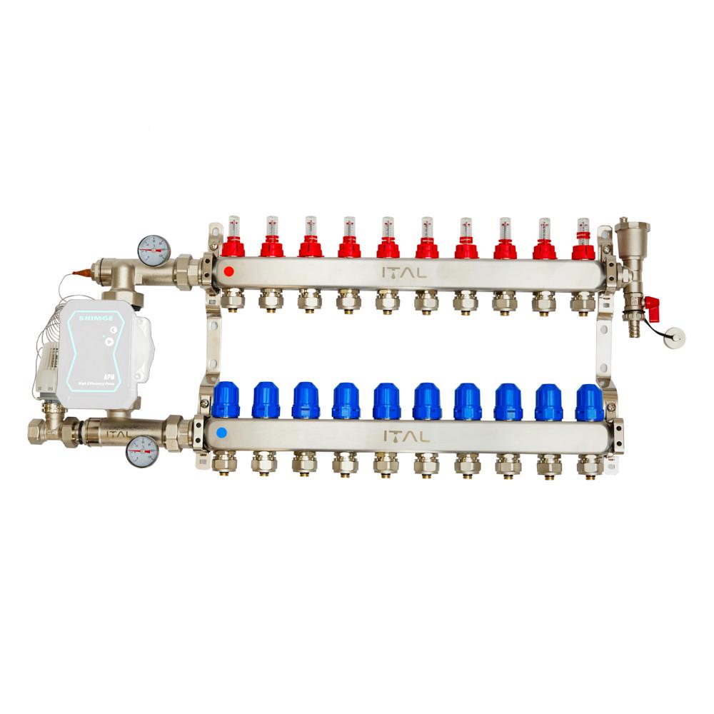 Комплект коллектора с расходомерами ITAL UHW-B010 из нержавеющей стали с угловым подключением Комплект коллектора с расходомерами ITAL UHW-B010 из нержавеющей стали с угловым подключением