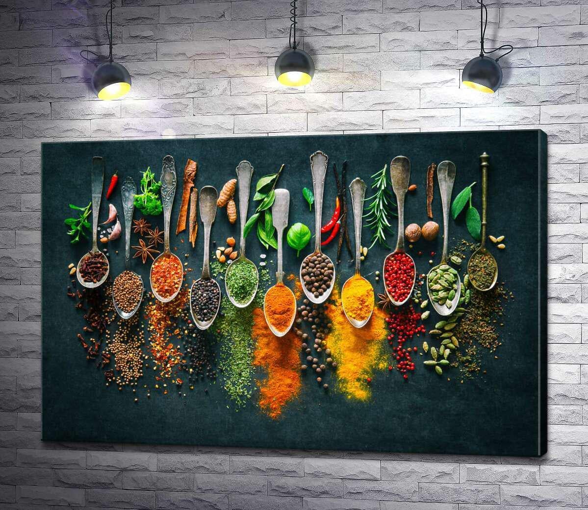 Картина ArtPoster Яркие ряды специй между ложками 130x87 см Модуль №1 (001241)