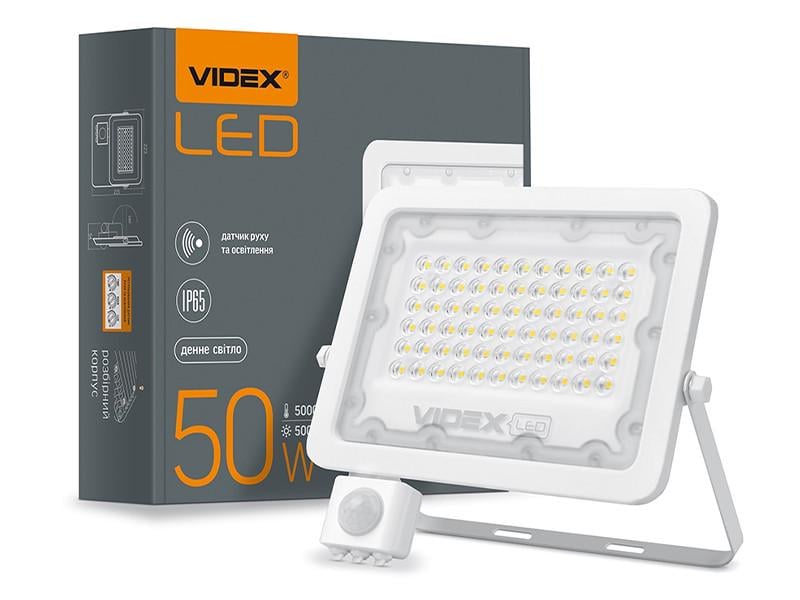 Прожектор светодиодный Videx F2e VL-F2e505W-S с датчиком движения и освещенности 50W 5000K 220 V IP65 (7348)