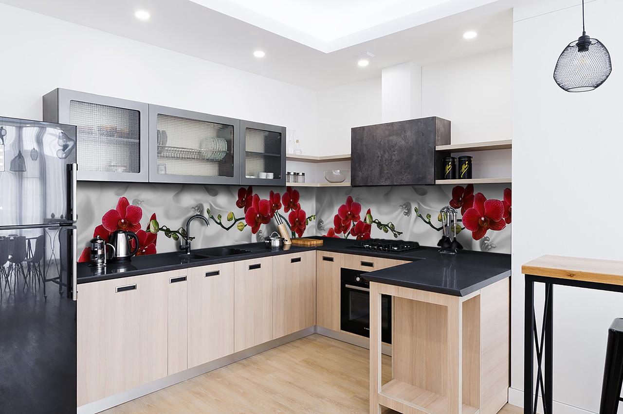 Кухонный фартук Красная орхидея/Шелк из самоклеющейся виниловой пленки 60х300 см Серый