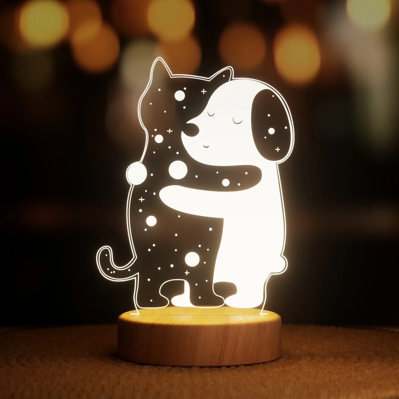 Ночник-светильник Lampic Собака и кот обнимаются USB дерево/акрил 15х23 см Желтый