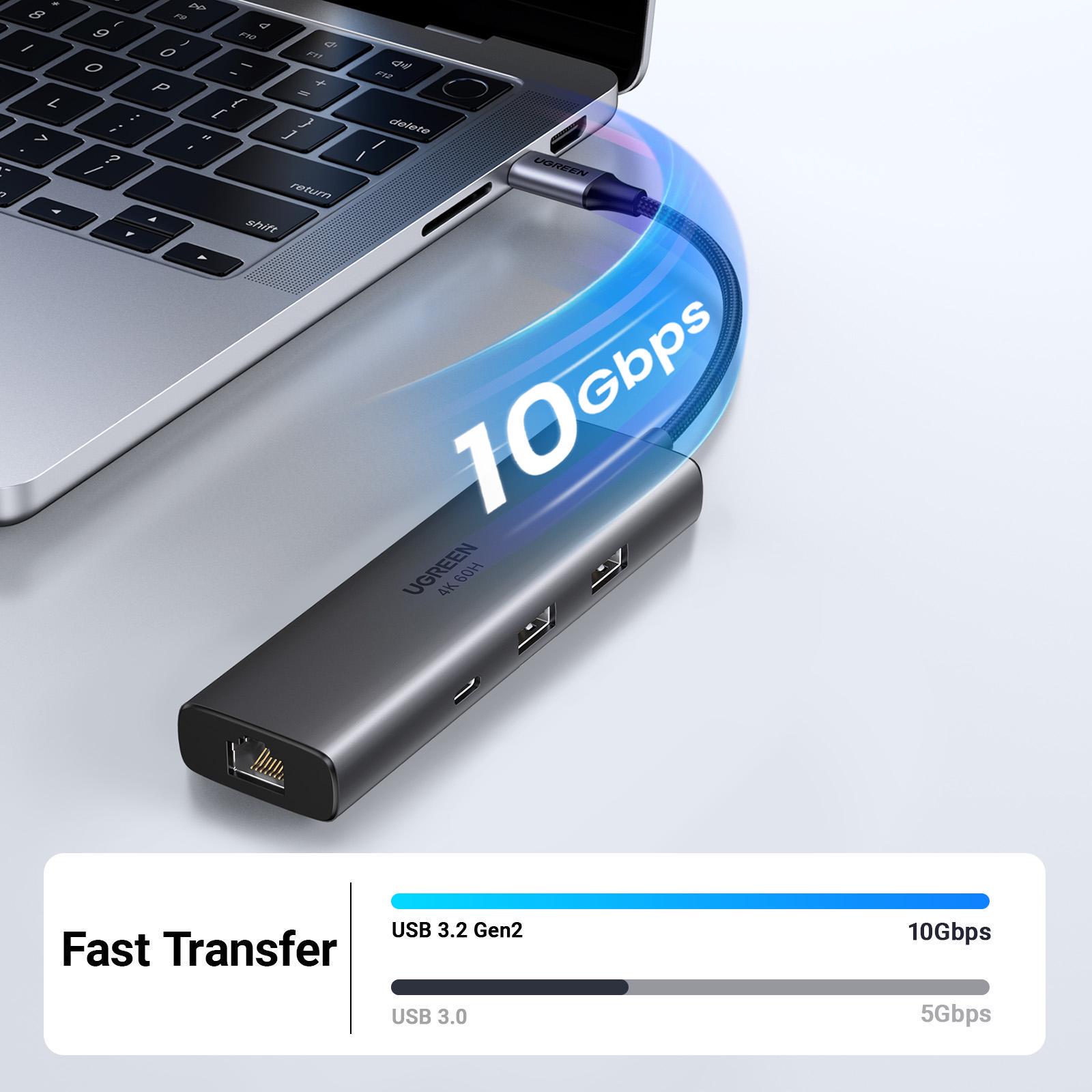 USB-хаб UGREEN 2xUSB-A 3.2 USB-C 3.2 4K 60Hz HDMI Ethernet 1000 Мбит/с PD 100W Серый (45000) - фото 3