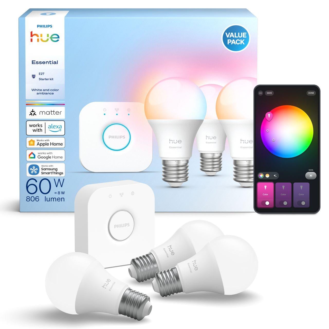 Стартовий комплект Philips Hue E27 Essential White and Color 806лм 60Вт 3 шт. + Блок керування Philips Hue Bridge, Apple HomeKit Стартовий комплект Philips Hue E27 Essential White and Color 806лм 60Вт 3 шт. + Блок керування Philips Hue Bridge, Apple HomeKit