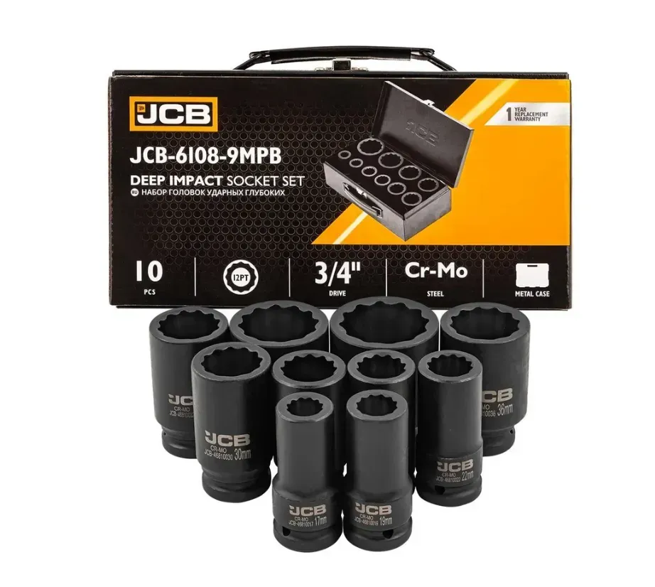 Набір головок JCB Tools ударних глибоких в металевому кейсі 10 од. 3/4'' 12-г 17-46 мм