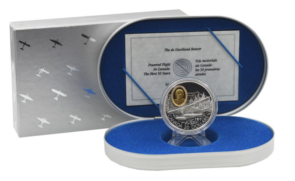 Коллекционная монета Канада 20 долларов 1991 серебро Proof Канадская авиация-De Havilland Canada DHC-2 Beaver Ag 925/31,1 г (М22675)