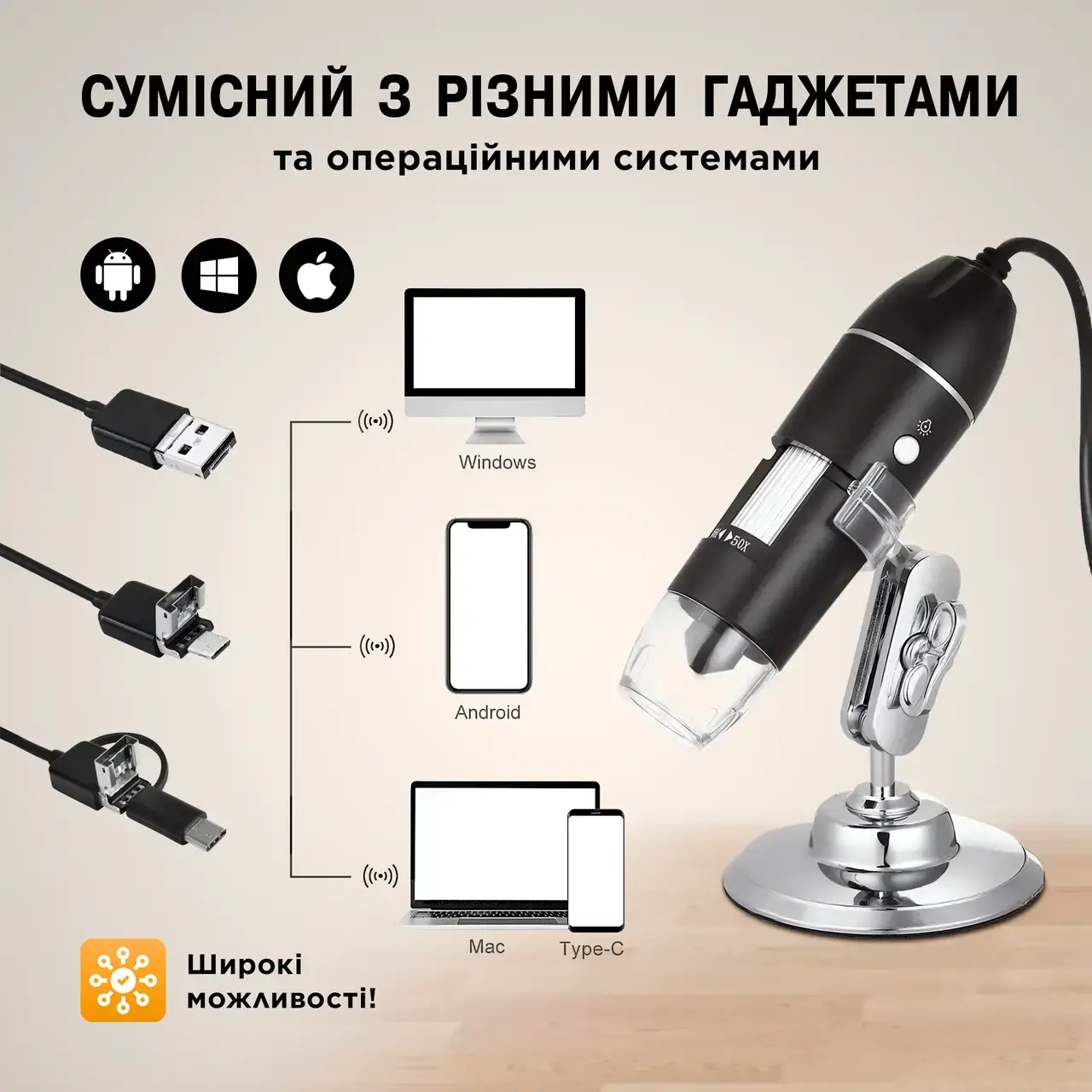 Мікроскоп електронний цифровий 3в1 з підсвічуванням USB/micro-USB/Type-C 1600Х (micro-3in1) - фото 8