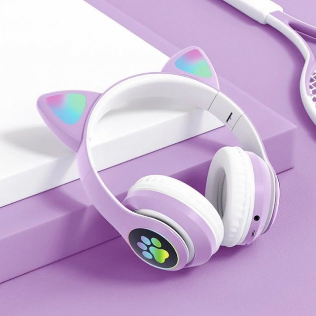 Наушники беспроводные Cute Headset Кошачьи ушки с подсветкой RGB и MP3 Фиолетовый - фото 3