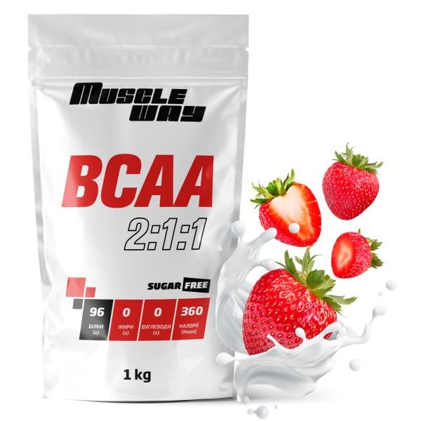 Комплекс амінокислот для росту м'язів і сушіння MuscleWay ВСАА 2:1:1 Sugar Free Полуниця в порошку на 100 порцій 1 кг (21-125-bcaa-mw-rs1.p) - фото 1