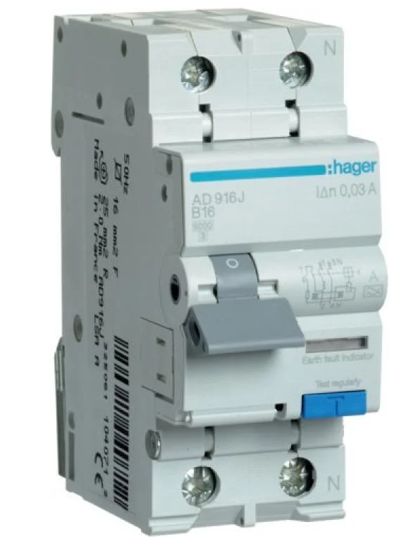 Выключатель дифференциальный автоматический Hager ADA960D 1P+N 6kA C-10A 30mA тип A (00000045910)