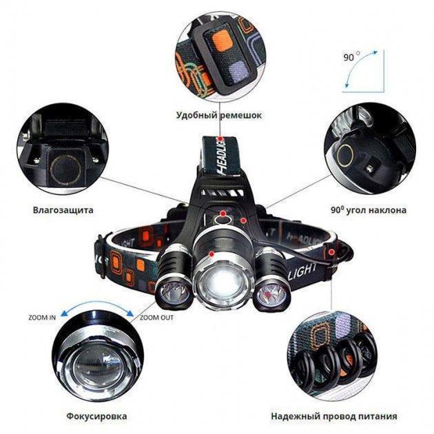 Налобний світлодіодний ліхтар HeadLamp з акумулятором та трьома головками (5165211) - фото 8