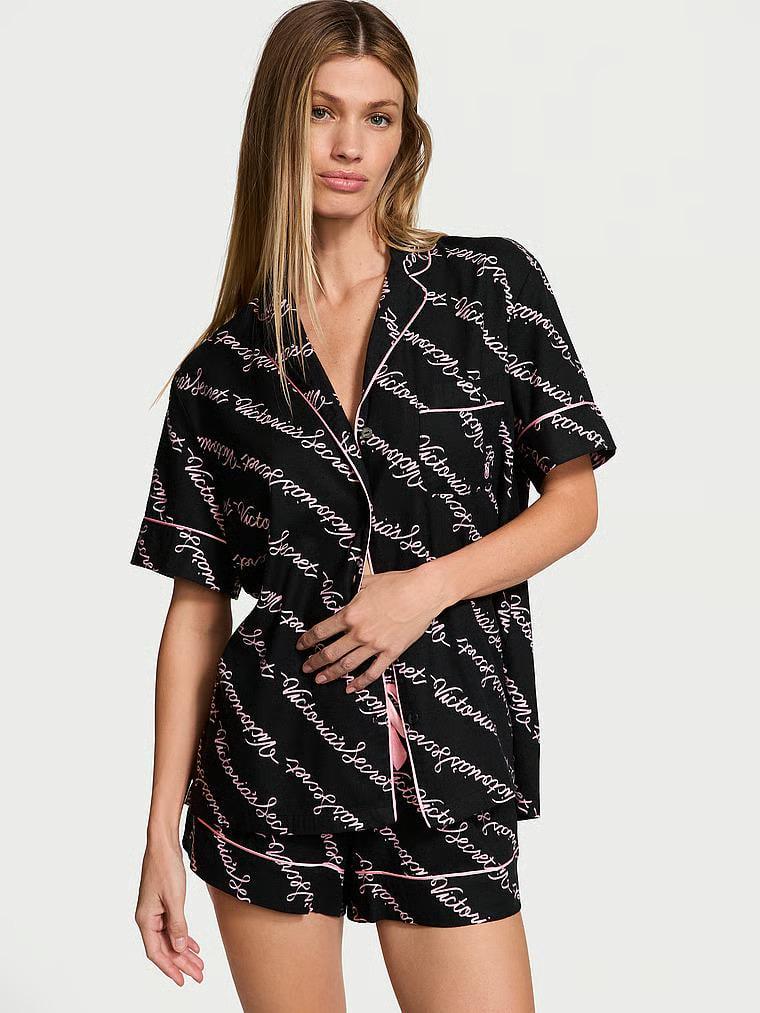 Піжама сорочка/шорти сатинова Victoria's Secret Flannel Short Pajama Set XS Чорний (26925326)