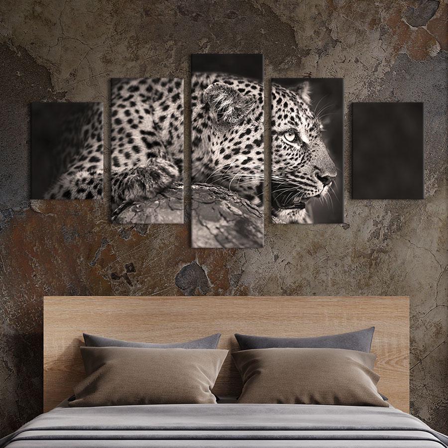 Модульная картина из 5 частей на холсте интерьерная картина Уставший леопард 187x94 см (207-52)