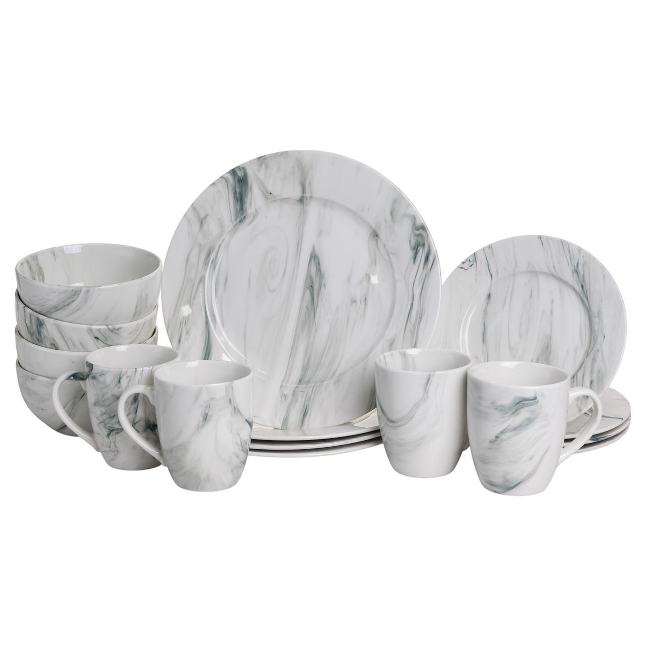 Столовый набор посуды тарелок и чашек Marmor 16 предметов на 4 персоны фарфоровый обеденный (MD-16-2G)